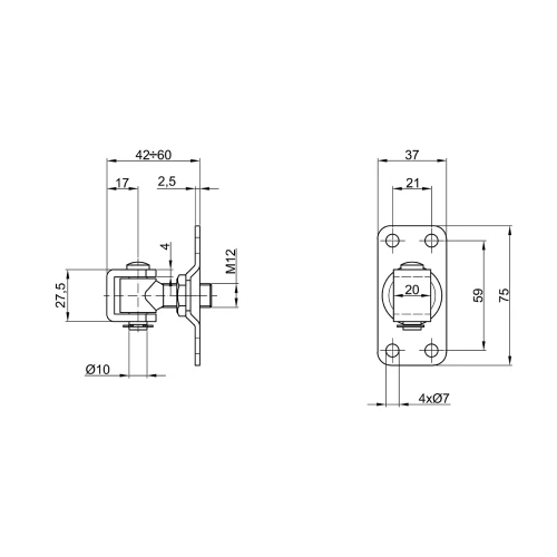 Komet – adjustable gate hinge M12 with 75 × 37 mm plate, galvanised zinc 001-522 (2)
