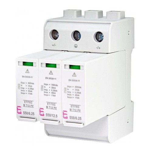 Surge protector PV DC type 1+2 (B+C) 1100V 3P 65kA 3.8kV ETITEC EM T12 PV 1100/6.25 Y 002440580 ETI GPV-401-64