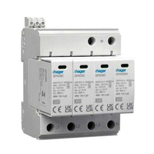 Surge arrester Type 1+2 (B+C) 4P 50kA 1.2kV SPD MOV TN-S/TT network contact SPA931 HAGER GPV-401-101