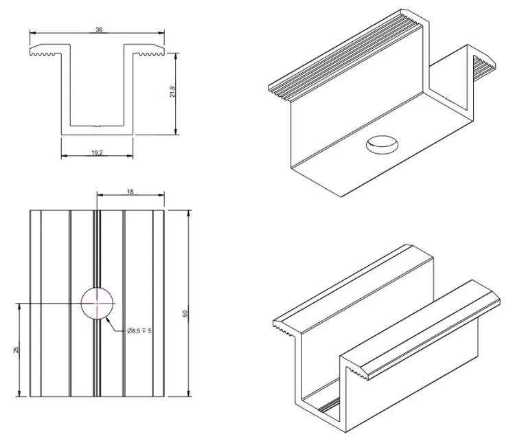 Center clamp H25 L50 Raw with M8x25 screw and insert for 35 mm panels PV-04-17 (3)
