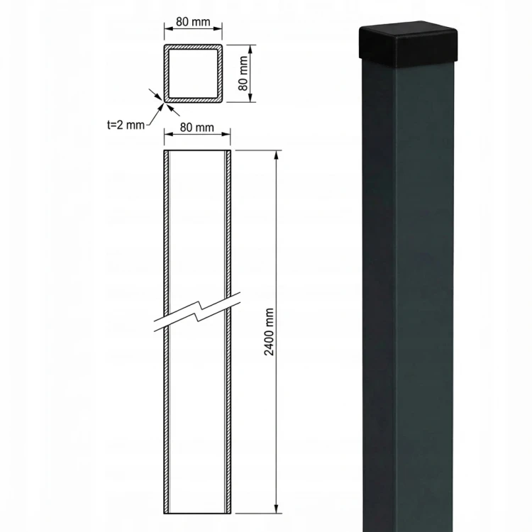 Fence Post 80x80x2 mm, Length 2.4 m, Anthracite Grey RAL 7016 GPV-700-73 (3)