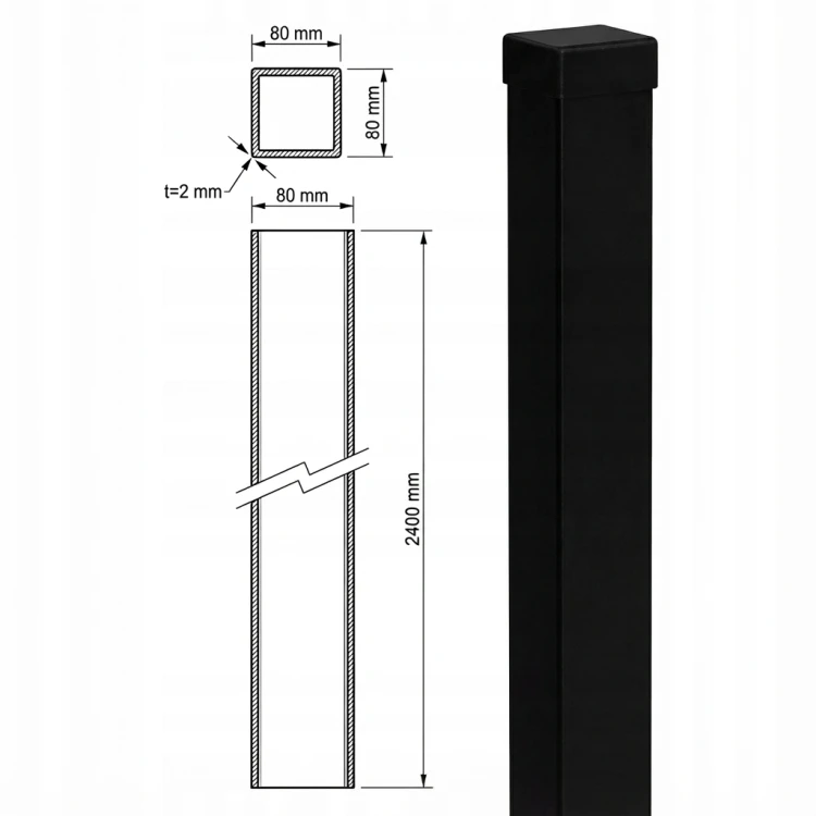 Fence Post 80x80x2 mm, Length 2.4 m, Black GPV-700-74 (3)