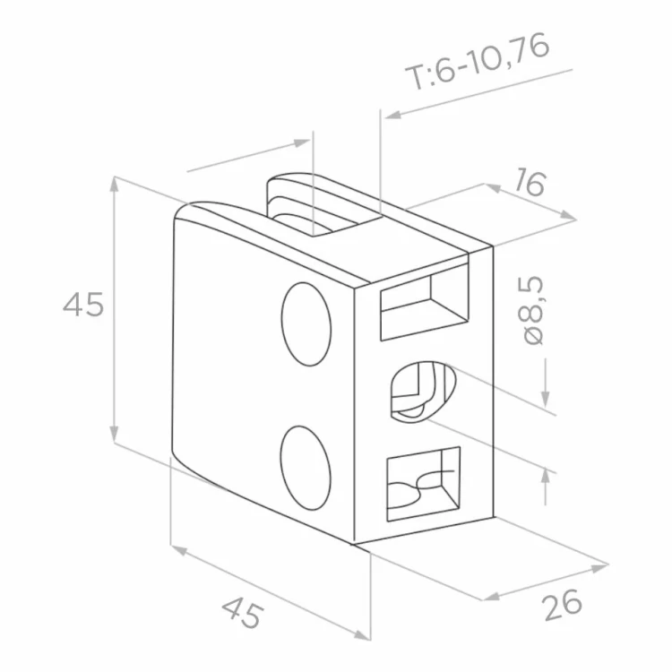 Glass clamp 45x45x26 mm, glass 6-10.76 mm, AISI 304, flat system, satin 000-260 (2)
