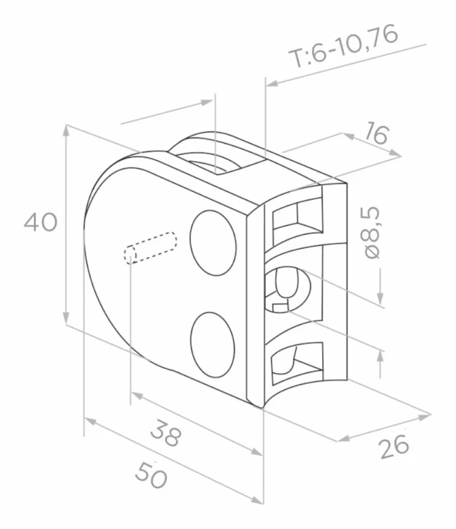 Glass holder 50x40x26 mm with pin, glass 6-10.76 mm, AISI 304, system 42.4 mm, satin 000-265 (3)