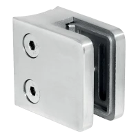 Rectangular glass clamp 45x45x26 mm. glass 6-10.76 mm, AISI 304, system 42.4 mm, polished finish