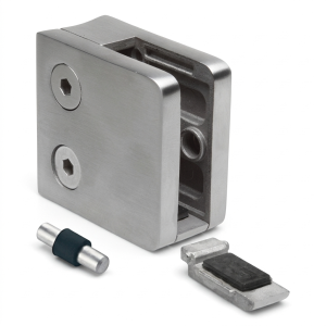 Glass holder 6-10.76 mm 45x45x26 mm bracket and pin AISI 304 system 42.4 mm polished