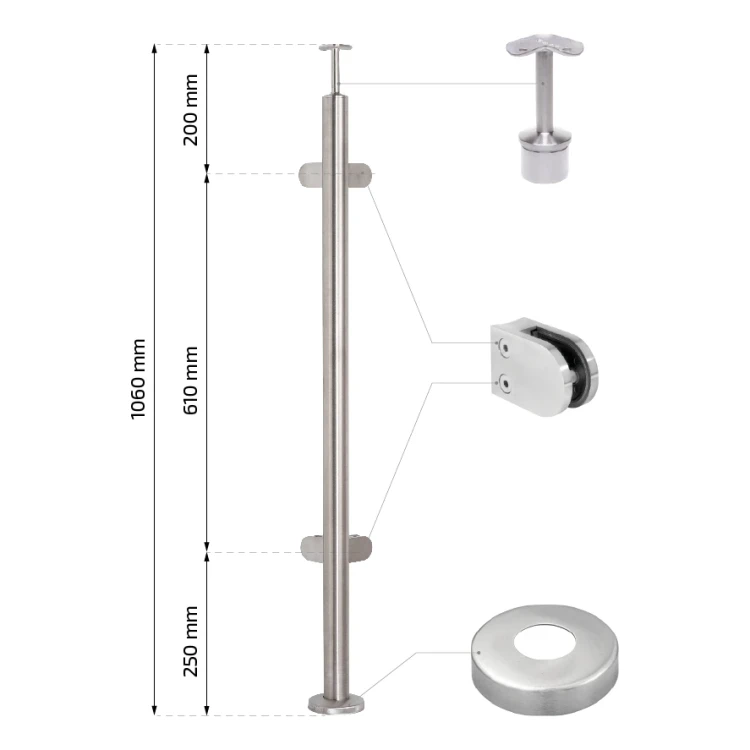 Corner Balustrade Post for Glass ø42.4x1060/1102.4mm 4 Clamps Brushed 000-559 (2)