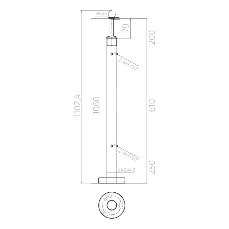 Corner Balustrade Post for Glass ø42.4x1060/1102.4mm 4 Clamps Brushed 000-559 (5)