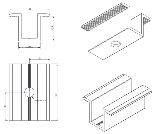 Middle clamp H24 aluminum 6060 hole M8 PV-04-01 (2)