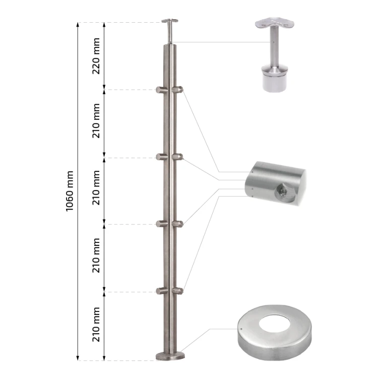 PSG corner balustrade post stainless steel AISI 304 ø42.4 mm H1060 mm with brackets for ø12 mm rods 001-206 (2)