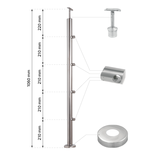 PSG intermediate balustrade post Ø42.4 mm stainless steel AISI 304 – 4 brackets Ø12, floor mounting 001-207 (2)