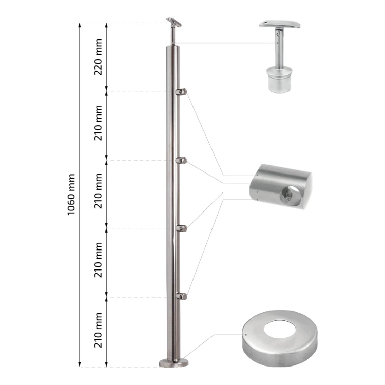 PSG intermediate balustrade post Ø42.4 mm stainless steel AISI 304 – 4 brackets Ø12, floor mounting 001-207 (2)