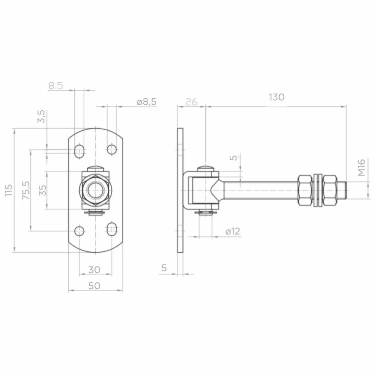 Adjustable gate hinge M16 with plate 115×50 mm – galvanised 001-415 (2)